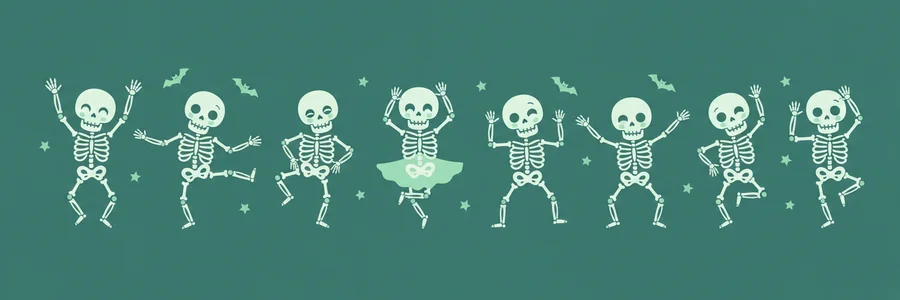 Illustration d'Halloween : une rangée de petits squelettes vert menthe qui dansent, entourés de chauves-souris et d'étoiles